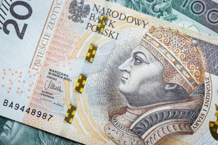 a paper bill polish zloty in close up shot