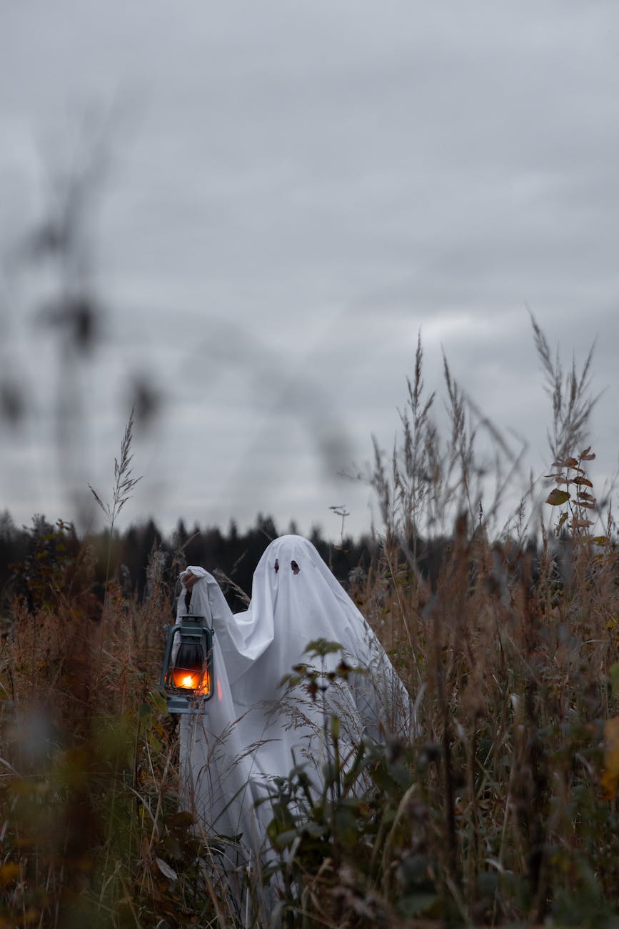 person wearing a ghost costume with a lantern
